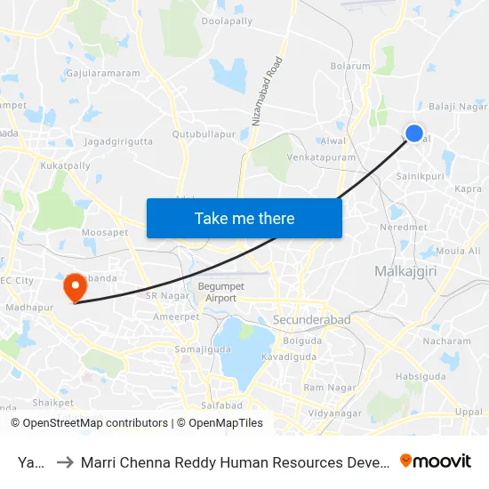 Yapral to Marri Chenna Reddy Human Resources Development Institute map