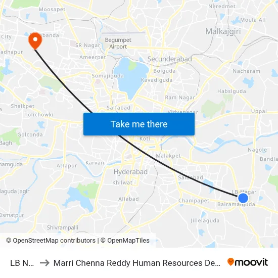 LB Nagar to Marri Chenna Reddy Human Resources Development Institute map