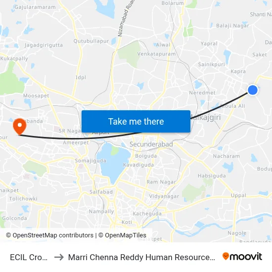 ECIL Cross Road to Marri Chenna Reddy Human Resources Development Institute map