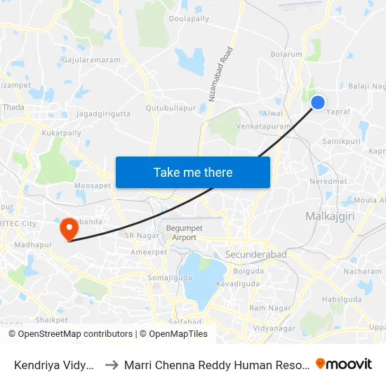 Kendriya Vidyalaya Bollaram to Marri Chenna Reddy Human Resources Development Institute map