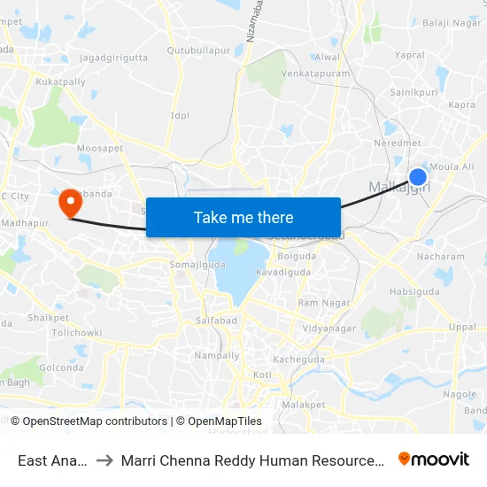 East Anandbagh to Marri Chenna Reddy Human Resources Development Institute map