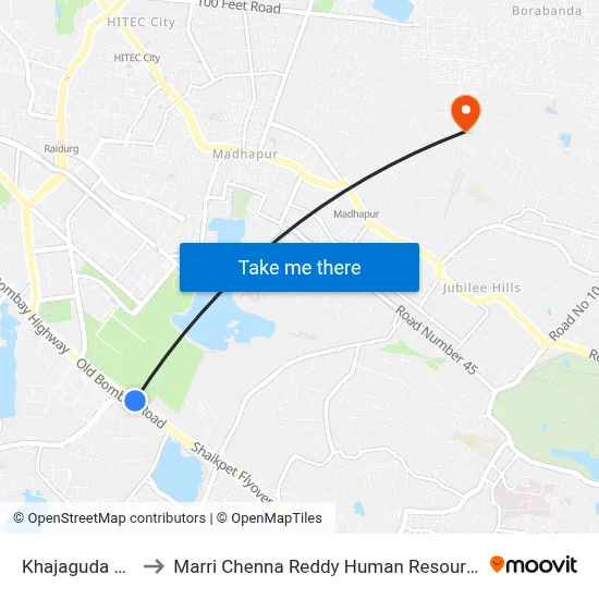 Khajaguda Cross Road to Marri Chenna Reddy Human Resources Development Institute map