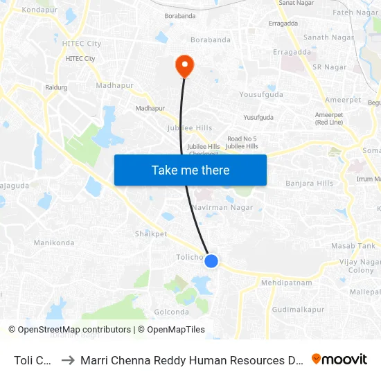 Toli Chowki to Marri Chenna Reddy Human Resources Development Institute map