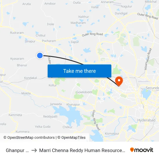 Ghanpur X Road to Marri Chenna Reddy Human Resources Development Institute map