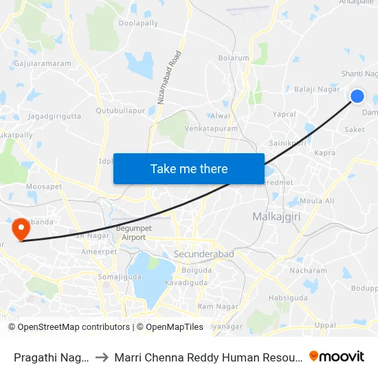 Pragathi Nagar-Nagaram to Marri Chenna Reddy Human Resources Development Institute map