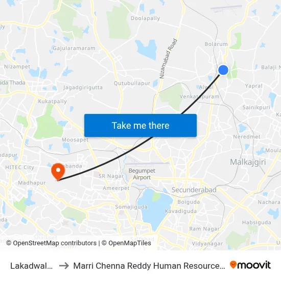 Lakadwala Colony to Marri Chenna Reddy Human Resources Development Institute map