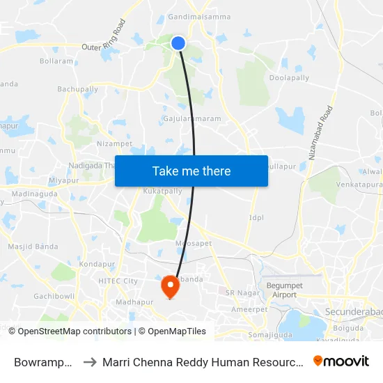 Bowrampet X Road to Marri Chenna Reddy Human Resources Development Institute map