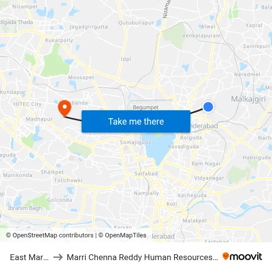 East Maredpally to Marri Chenna Reddy Human Resources Development Institute map