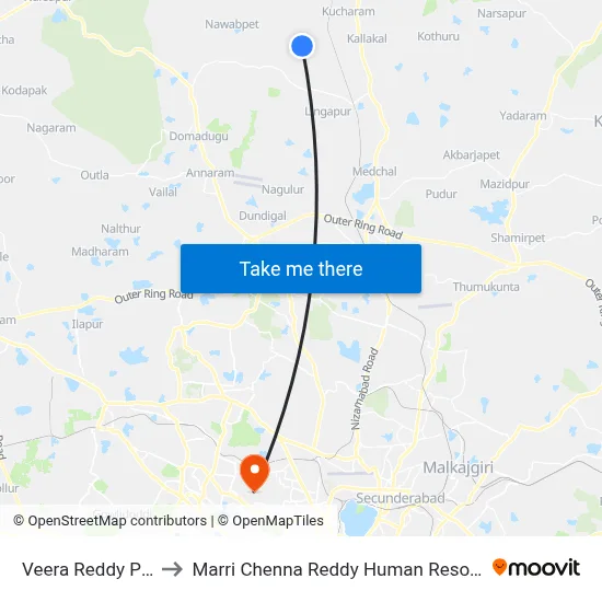 Veera Reddy Pally-Jinnaram to Marri Chenna Reddy Human Resources Development Institute map