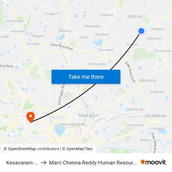 Kesavaram-Shamirpet to Marri Chenna Reddy Human Resources Development Institute map