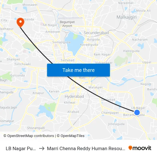 LB Nagar Pushpak Point to Marri Chenna Reddy Human Resources Development Institute map