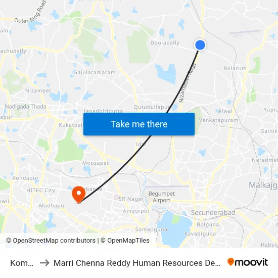Kompally to Marri Chenna Reddy Human Resources Development Institute map