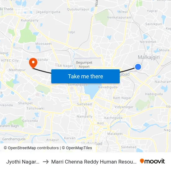 Jyothi Nagar, (Lalaguda) to Marri Chenna Reddy Human Resources Development Institute map