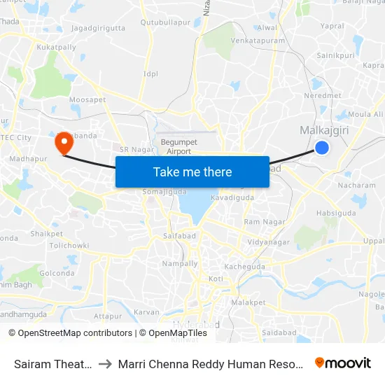 Sairam Theatre Malkajgiri to Marri Chenna Reddy Human Resources Development Institute map