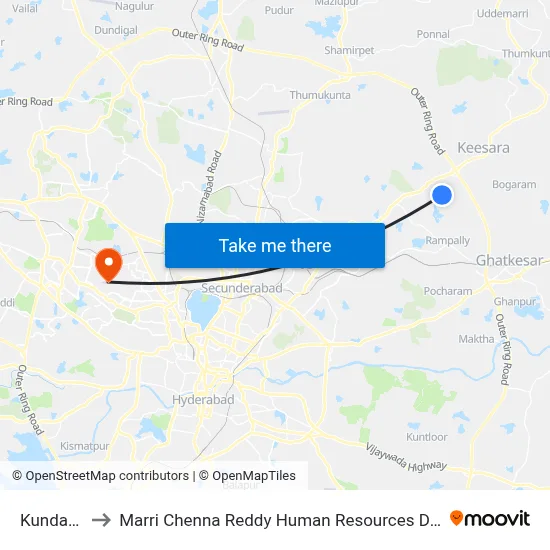 Kundanpally to Marri Chenna Reddy Human Resources Development Institute map
