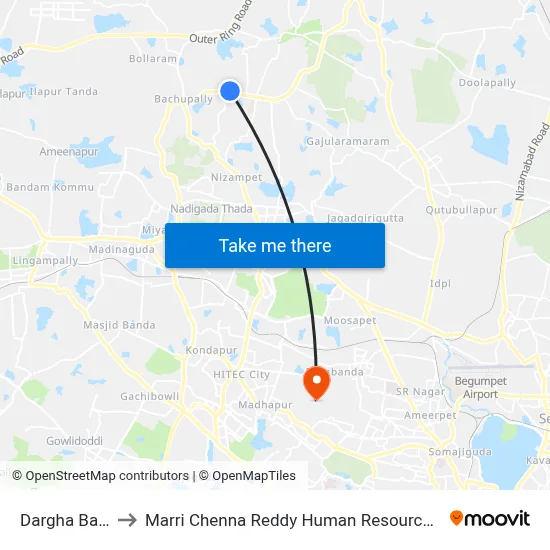 Dargha Bachupally to Marri Chenna Reddy Human Resources Development Institute map