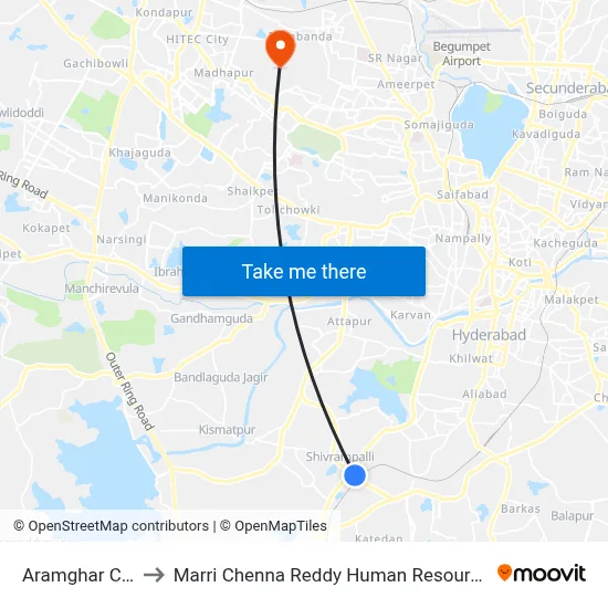 Aramghar Cross Road to Marri Chenna Reddy Human Resources Development Institute map