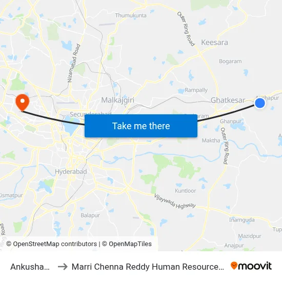 Ankushapur Gate to Marri Chenna Reddy Human Resources Development Institute map