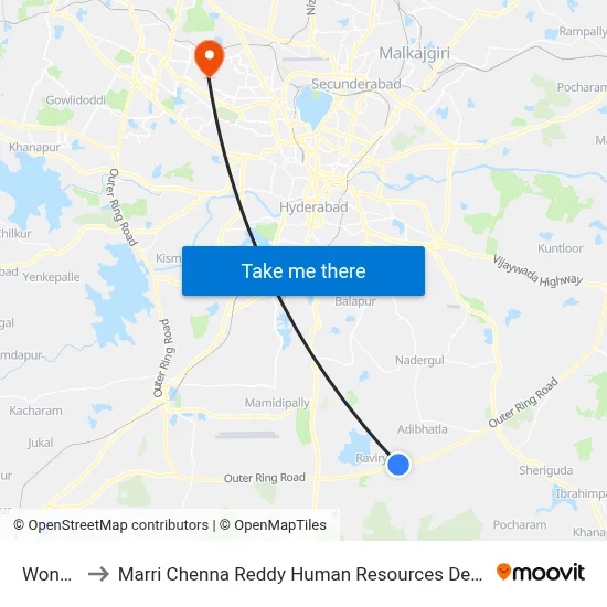 Wonderla to Marri Chenna Reddy Human Resources Development Institute map
