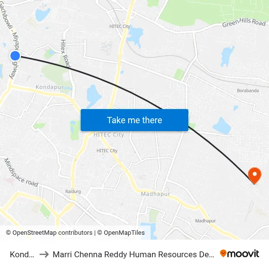 Kondapur to Marri Chenna Reddy Human Resources Development Institute map