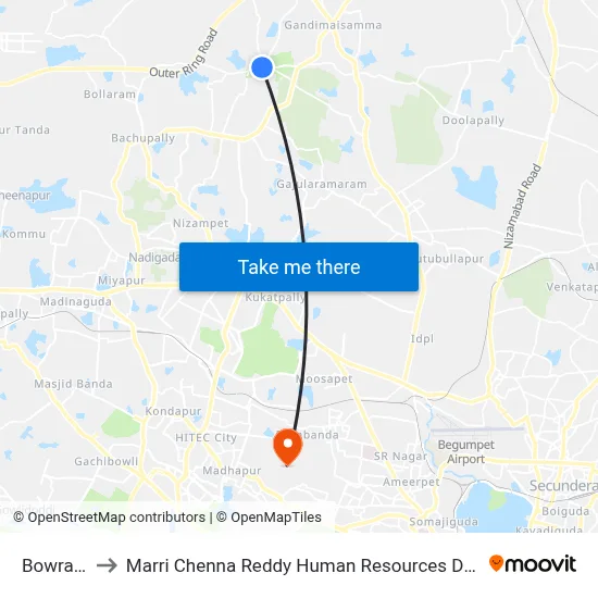 Bowrampet to Marri Chenna Reddy Human Resources Development Institute map