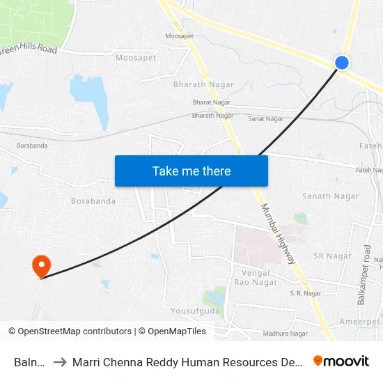 Balnagar to Marri Chenna Reddy Human Resources Development Institute map
