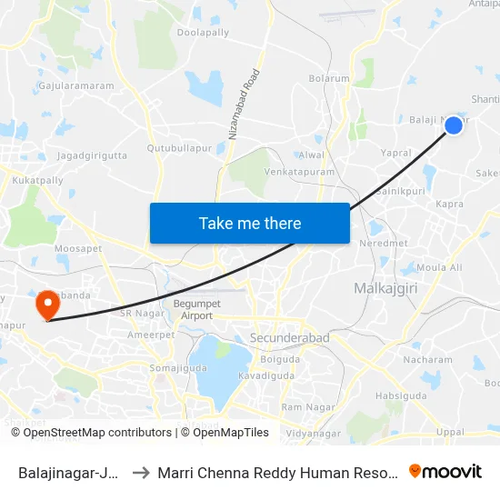 Balajinagar-Jawahar Nagar to Marri Chenna Reddy Human Resources Development Institute map