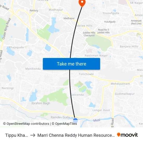 Tippu Khan Bridge to Marri Chenna Reddy Human Resources Development Institute map