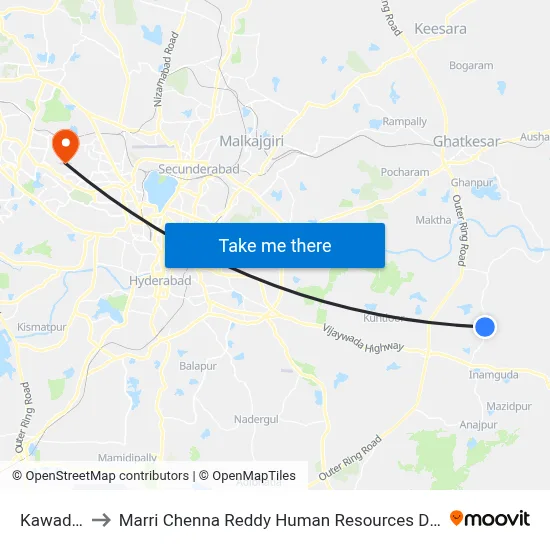 Kawadipalle to Marri Chenna Reddy Human Resources Development Institute map