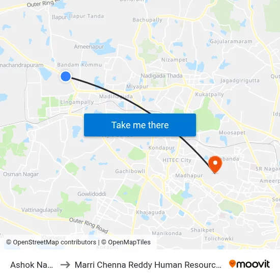 Ashok Nagar - Bhel to Marri Chenna Reddy Human Resources Development Institute map