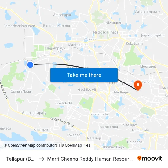 Tellapur (Bus Pickup) to Marri Chenna Reddy Human Resources Development Institute map