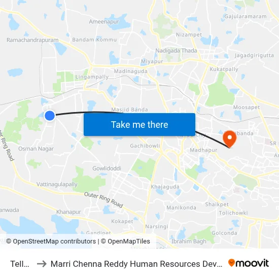 Tellapur to Marri Chenna Reddy Human Resources Development Institute map