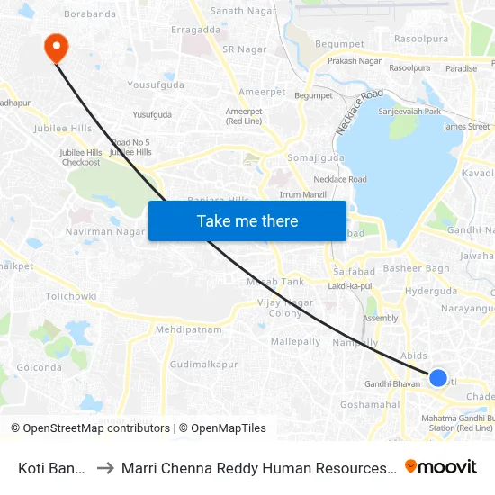 Koti Bank Street to Marri Chenna Reddy Human Resources Development Institute map