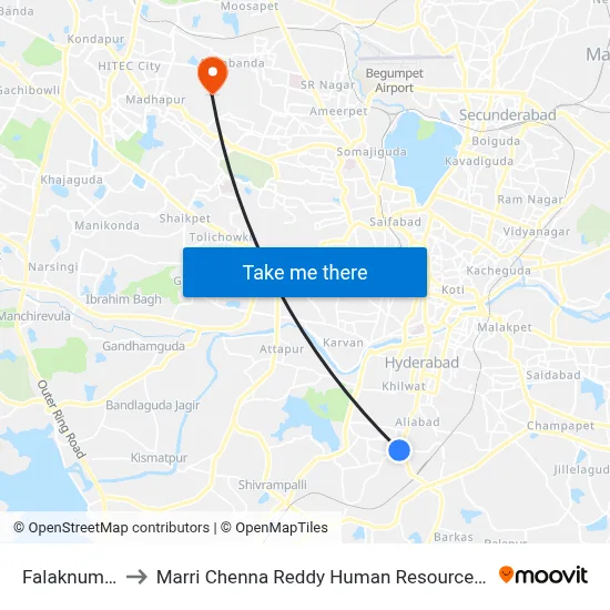 Falaknuma Depot to Marri Chenna Reddy Human Resources Development Institute map