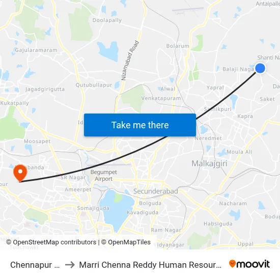 Chennapur Ntr Statue to Marri Chenna Reddy Human Resources Development Institute map