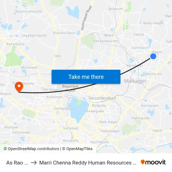 As Rao Nagar to Marri Chenna Reddy Human Resources Development Institute map