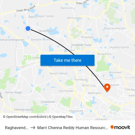 Raghavendra Colony to Marri Chenna Reddy Human Resources Development Institute map