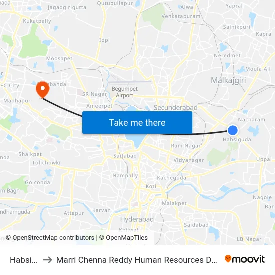 Habsiguda to Marri Chenna Reddy Human Resources Development Institute map
