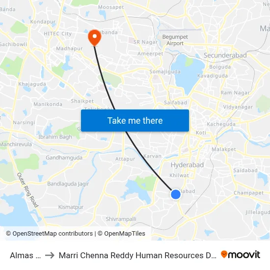 Almas Hotel to Marri Chenna Reddy Human Resources Development Institute map