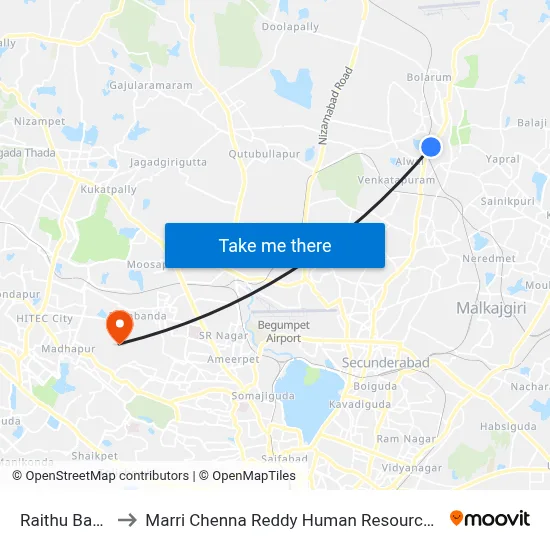 Raithu Bazar-Alwal to Marri Chenna Reddy Human Resources Development Institute map