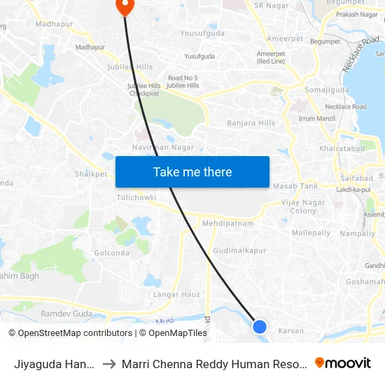 Jiyaguda Hanuman Temple to Marri Chenna Reddy Human Resources Development Institute map