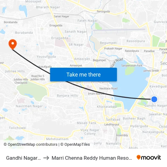Gandhi Nagar-Kavadiguda to Marri Chenna Reddy Human Resources Development Institute map