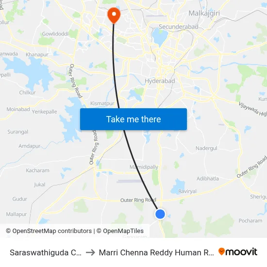 Saraswathiguda Cross Road-Kandukur to Marri Chenna Reddy Human Resources Development Institute map