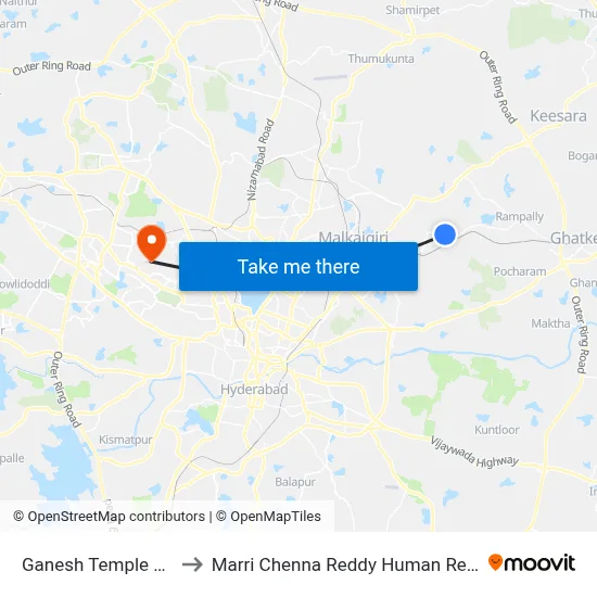 Ganesh Temple Kaman Cherlapally to Marri Chenna Reddy Human Resources Development Institute map