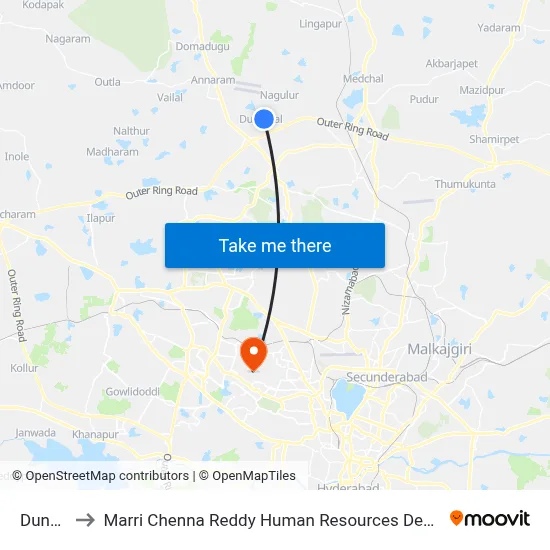 Dundigal to Marri Chenna Reddy Human Resources Development Institute map