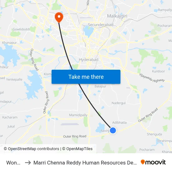 Wonderla to Marri Chenna Reddy Human Resources Development Institute map