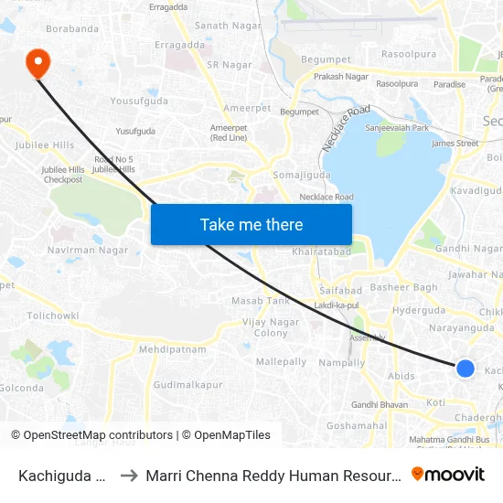 Kachiguda Cross Road to Marri Chenna Reddy Human Resources Development Institute map
