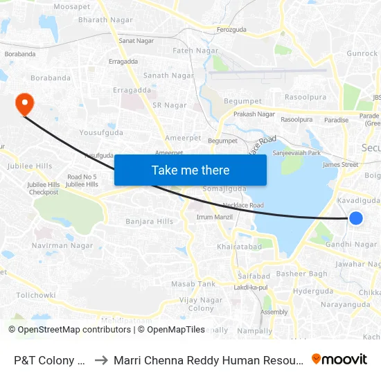 P&T Colony Ashoknagar to Marri Chenna Reddy Human Resources Development Institute map