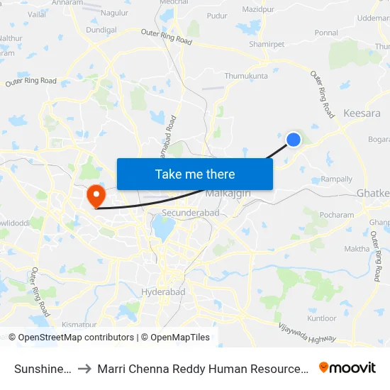 Sunshine Colony to Marri Chenna Reddy Human Resources Development Institute map