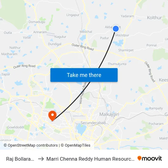 Raj Bollaram Temple to Marri Chenna Reddy Human Resources Development Institute map